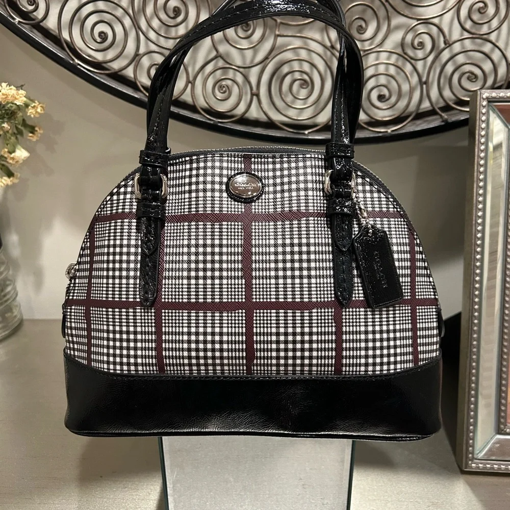 Coach Black & White Plaid Satchel with Burgundy Grid